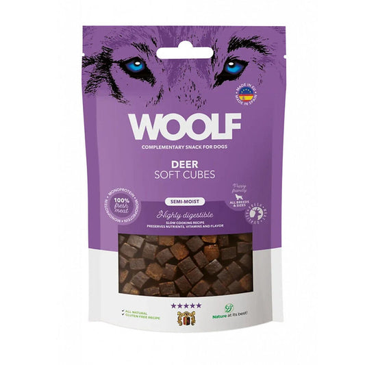 Purple package of Woolf deer soft cubes for dogs on a white background