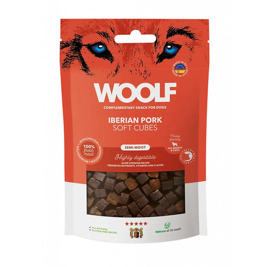 a bag of woolf iberian pork soft dog treats on white background