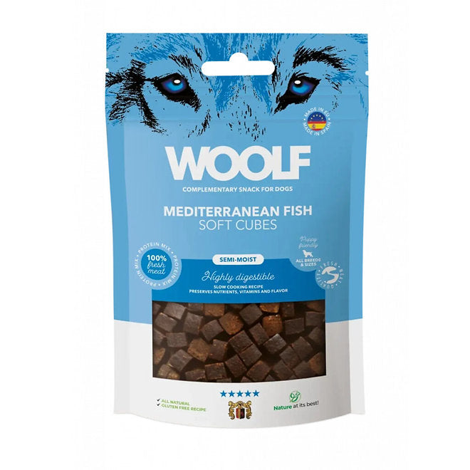 a bag of woolf soft cubes fish dog treats on white background
