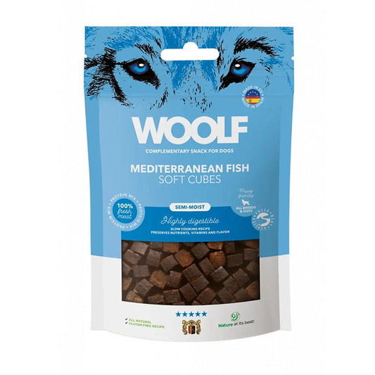 a bag of woolf soft cubes fish dog treats on white background