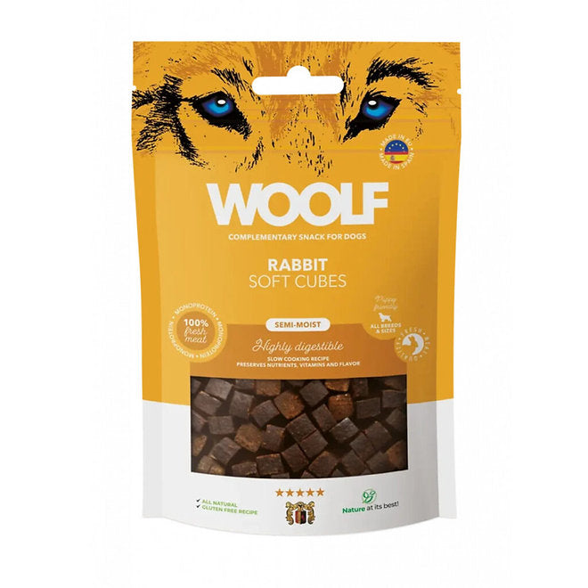 a bag of woolf rabbit dog treats on white background