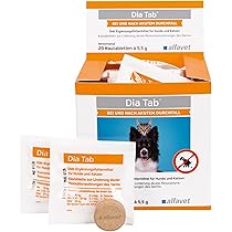 Dia Tab pet supplement packaging with a dog illustration on an orange and white background