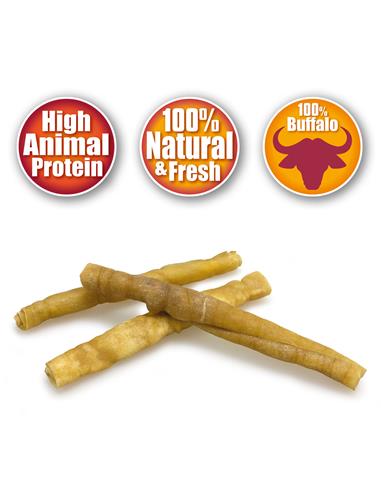 Dog chew sticks with labels indicating high animal protein, 100% natural and fresh, and 100% buffalo on a white background.