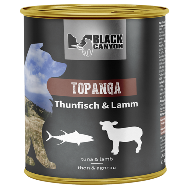 a can of black canyon dog wet food topanga with tuna and lamb.