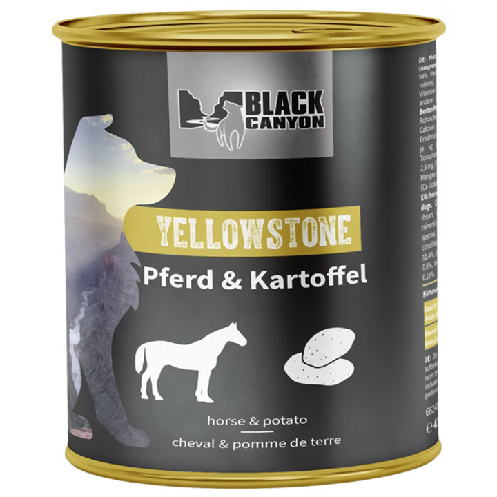 Can of Black Canyon Yellowstone horse and potato food on a white background