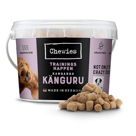 a bucket of chewies kangaroo semi moist dog treats on white background