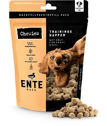 Dog training treats packaging with a dog on the label and treats in front