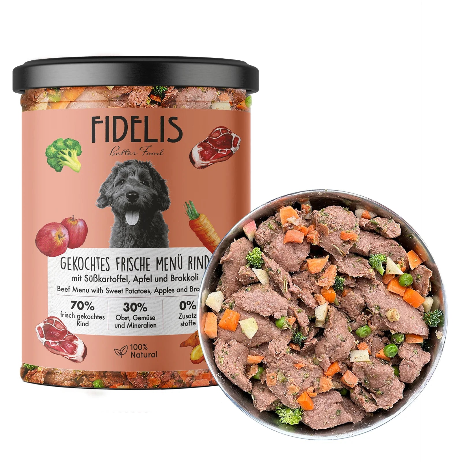 Fidelis dog food can with a bowl of pet food on a white background