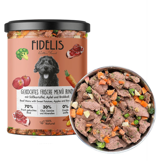 Fidelis dog food can with a bowl of pet food on a white background