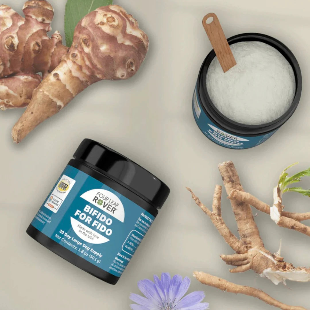 Two jars of Four Paws Rover Bifido for Hido with root vegetables and a flower on a light background