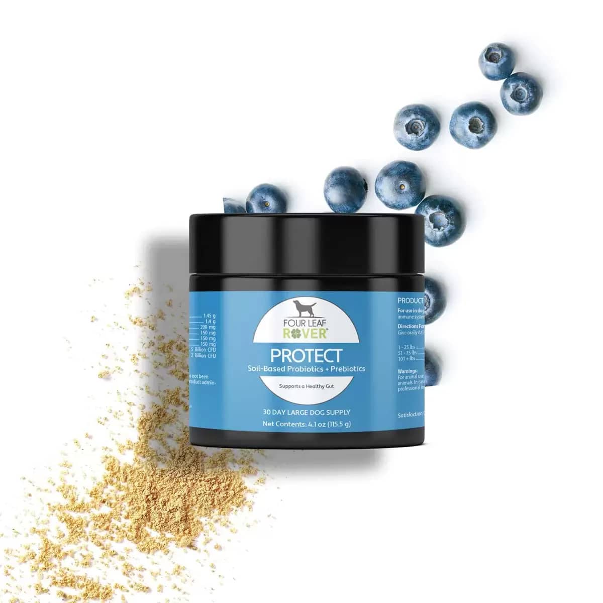 Four Leaf Clover supplement jar with blue label and scattered blueberries on a white background