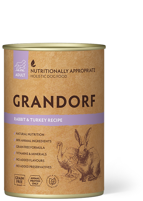 Grandorf dog food can with rabbit and turkey recipe on a white background