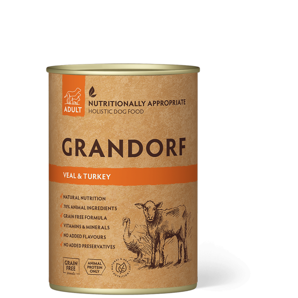 Grandorf dog food can with branding and product details on a white background