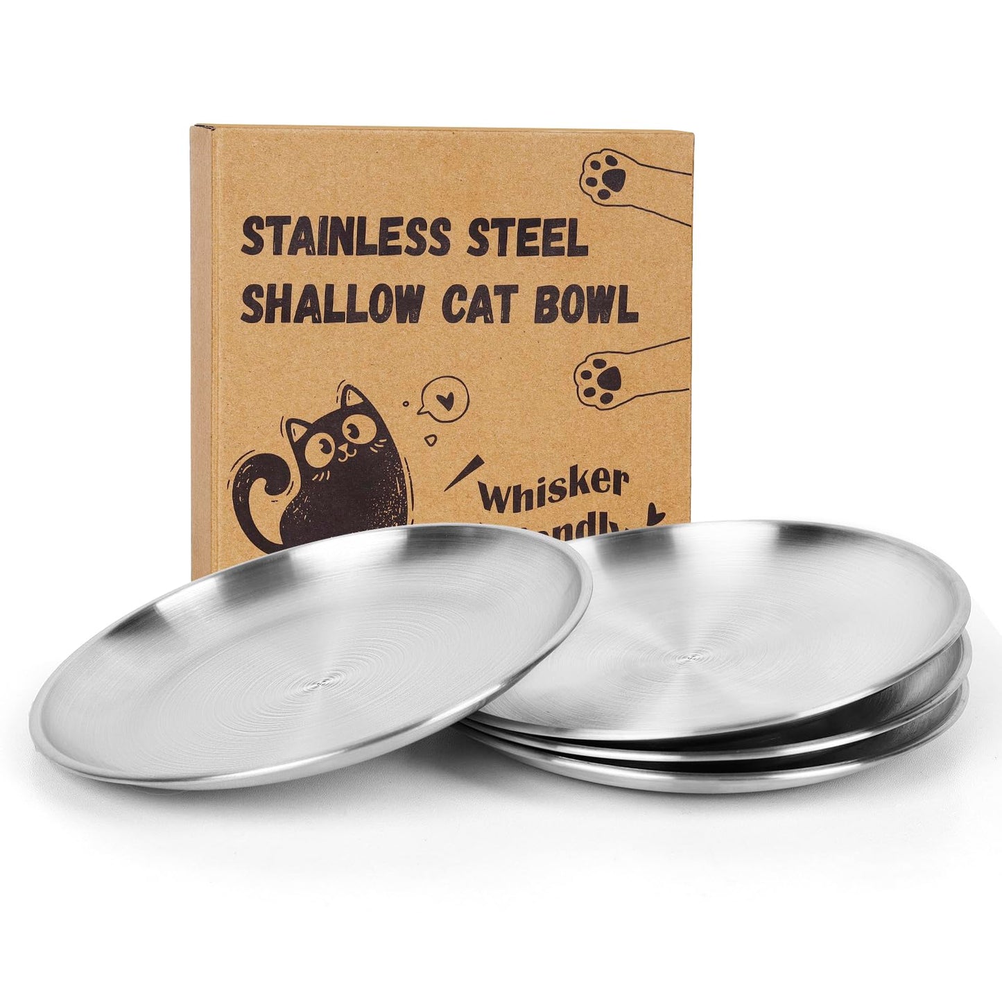 Stainless steel shallow cat bowls with a branded cardboard box on a white background