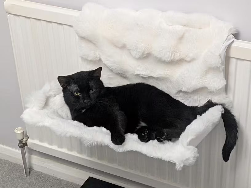 Black cat lying on a radiator with a white fluffy blanket