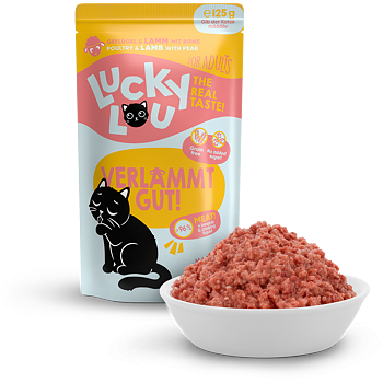 Lucky Lou cat food package with a bowl of cat food on a white background
