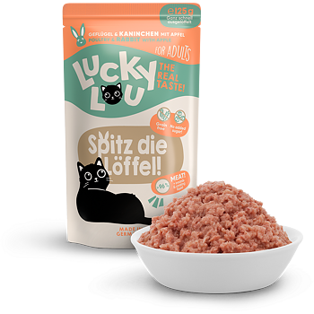 Lucky Lou cat food package with a bowl of cat food on a white background