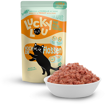 Lucky Lou cat food pouch with a bowl of cat food on a white background