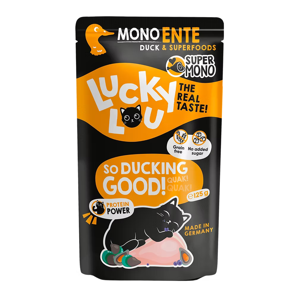 a pouch of lucky lou cat food with duck on black background