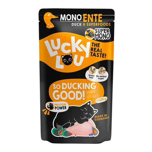 a pouch of lucky lou cat food with duck on black background