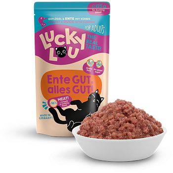 a bag of lucky lou cat food with duck on black background