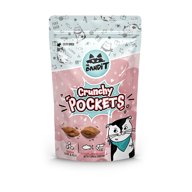 Packaging of Crunchy Pockets cat treats with Bandit logo on a white background