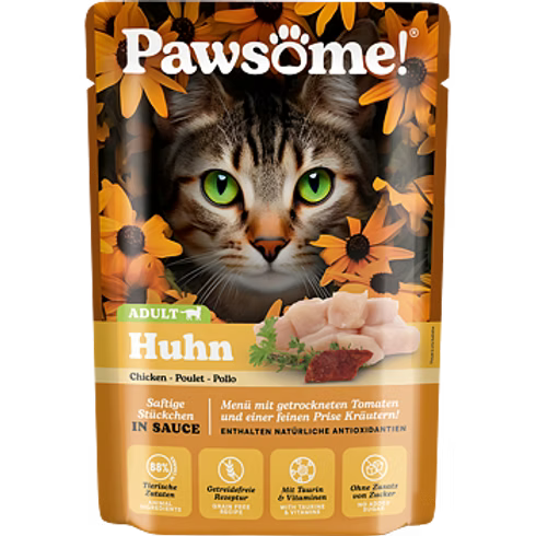 pawsome cat food pouch  with chicken on black background