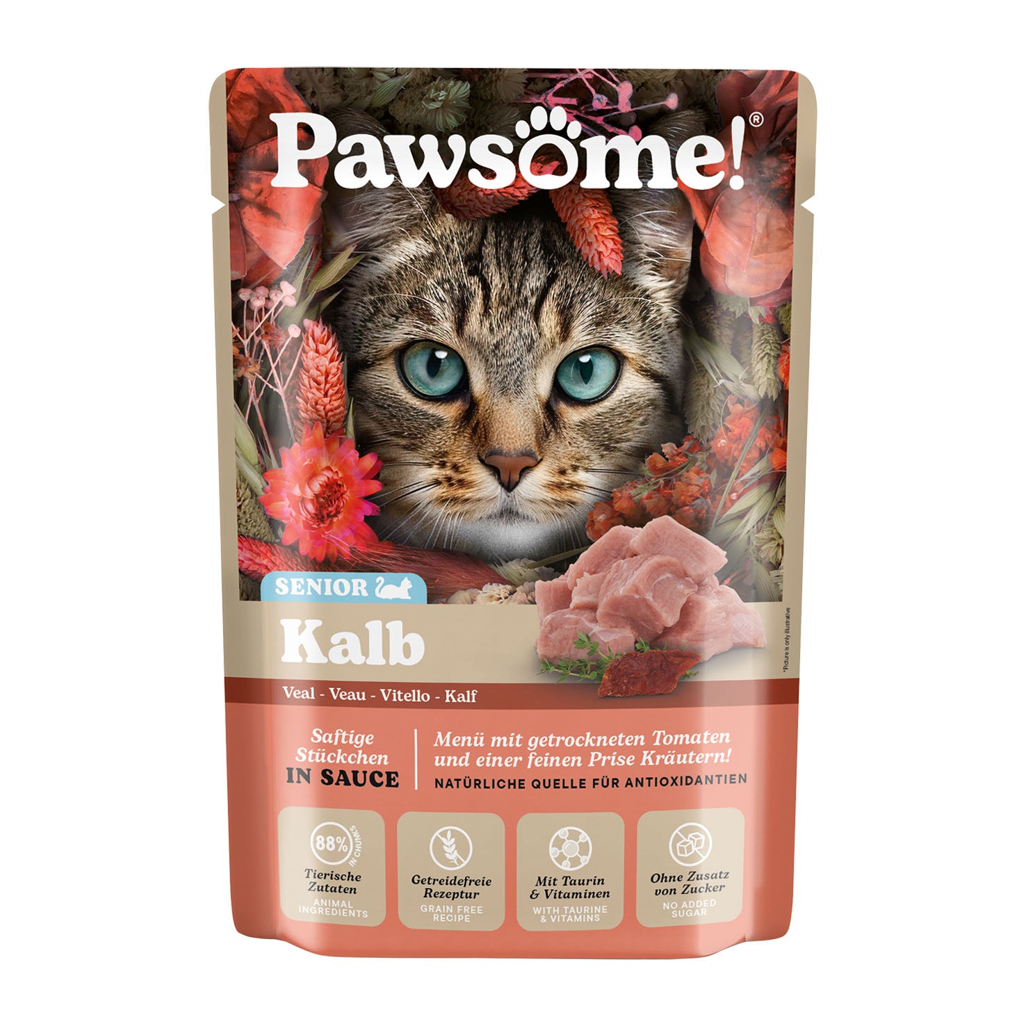 Pawsome! cat food package with a cat's face on the front, featuring text and images of flowers.