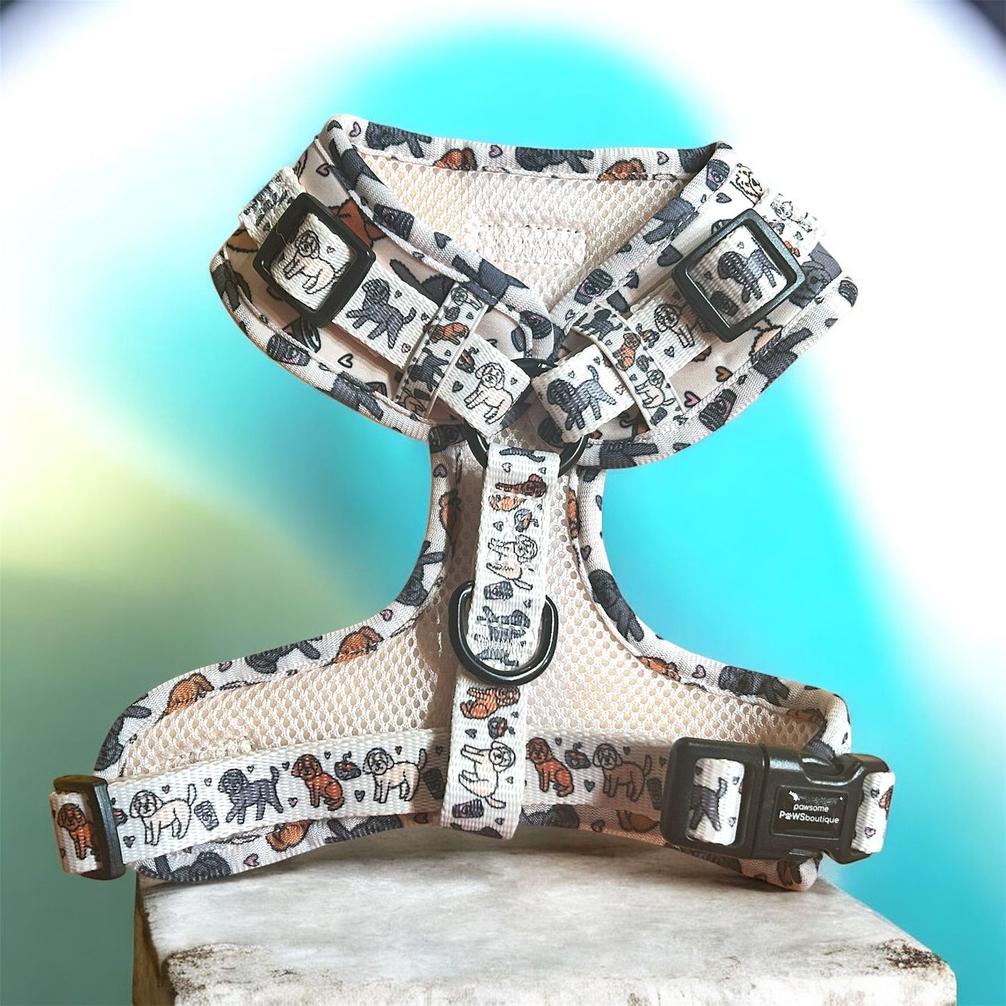 Dog harness with animal pattern on a white surface