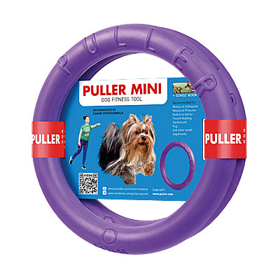 Purple dog toy with Puller Mini packaging on a white background