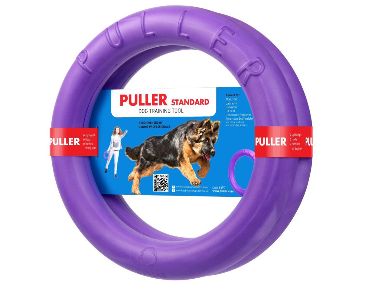 Purple dog training tool with 'Puller' branding and a dog illustration on a white background