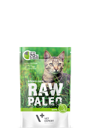 Cat food package labeled 'Raw Paleo' for sterilised cats on a white background