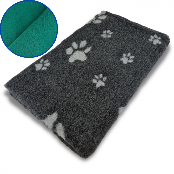 Gray towel with paw prints and close-up of green fabric texture on a white background