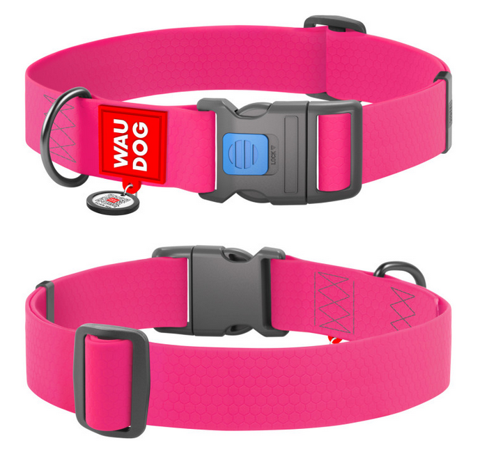 Pink dog collar with a black buckle and red 'Wau Dog' label on a white background