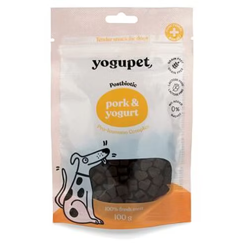 a bag of yogupet pork and yoghurt semi moist dog treats on white background