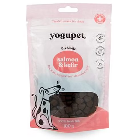 Yogupet salmon & kefir dog treat package on a white background