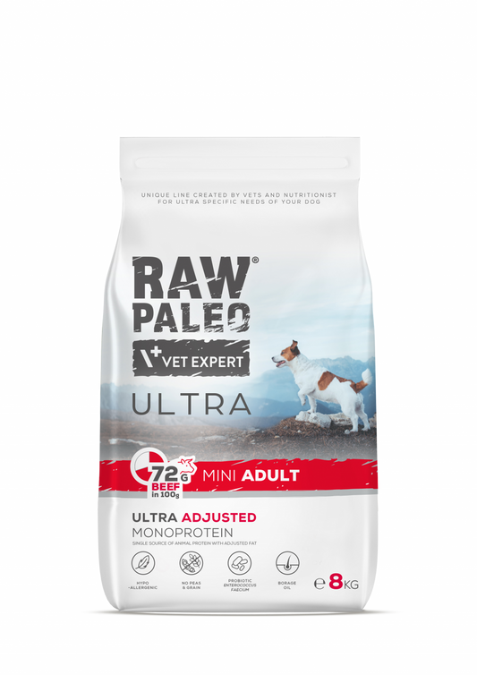 Raw Paleo Vet Expert Ultra dog food package on a white background