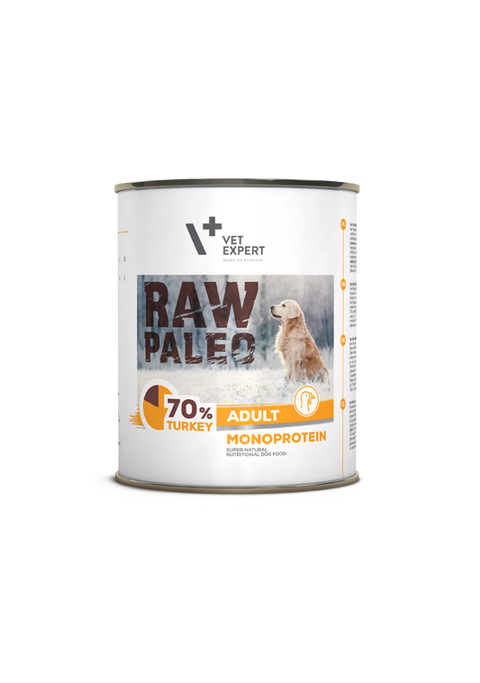 Vet Expert Raw Paleo dog food can on a white background