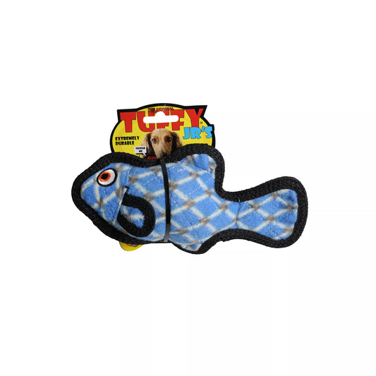 Blue fish-shaped dog toy with a visible brand label on a white background