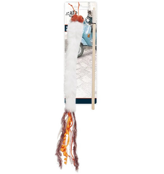 Cat toy with feathers on a white background