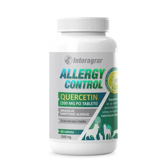 Bottle of Interagrar Allergy Control Quercetin supplement on a white background
