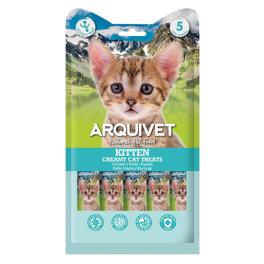 Arquivet Kitten Creamy Cat Treats packaging with a kitten on the front, set against a scenic background.