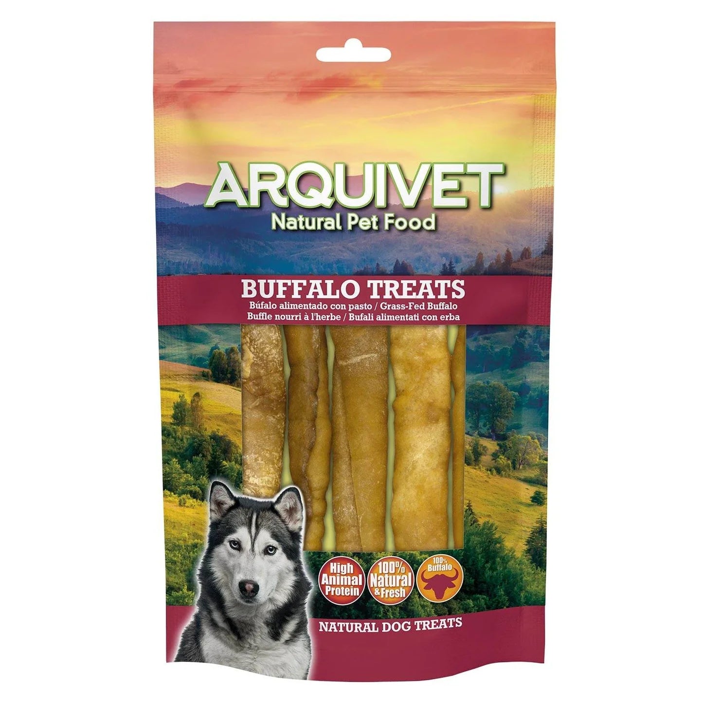 Package of Arquivet Buffalo Treats for dogs with a scenic background