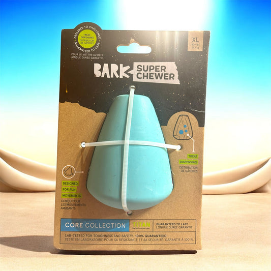Bark Super Chewer product packaging with a blue toy on a beige background