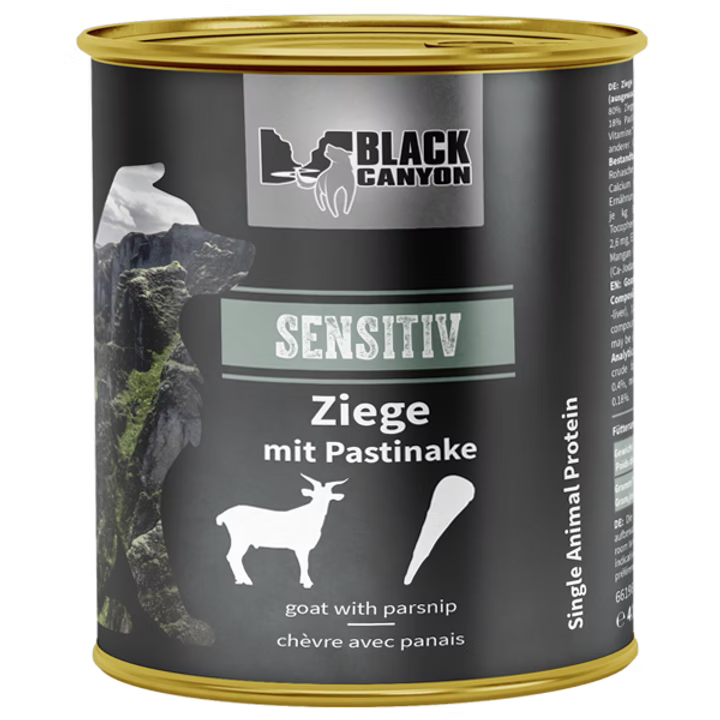 Can of Black Canyon Sensitiv goat with parsnip food on a transparent background