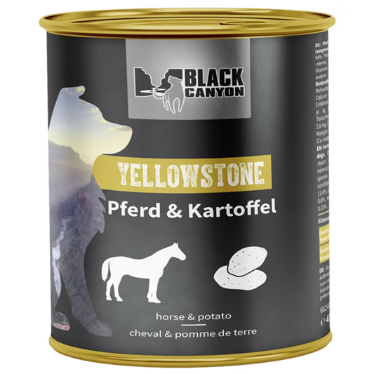 Can of Black Canyon Yellowstone horse and potato food on a white background