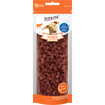 Package of Dokas Minis dog treats with visible branding and product details.