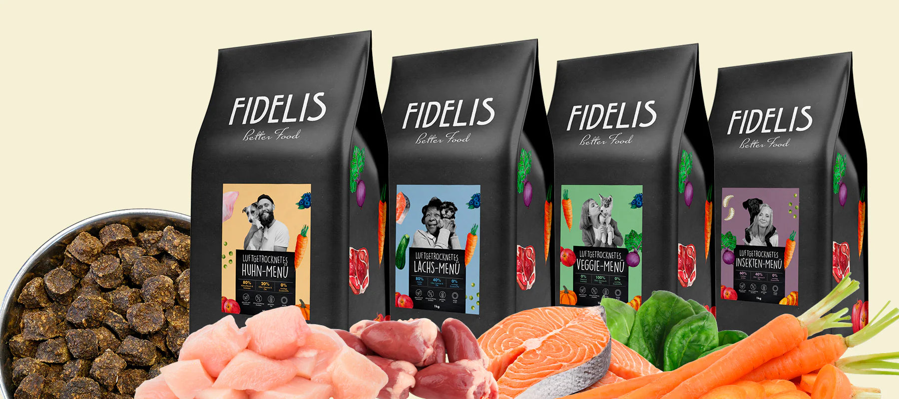 picture with bags of air dried dog food from brand fidelis and with infredients that are used in that food
