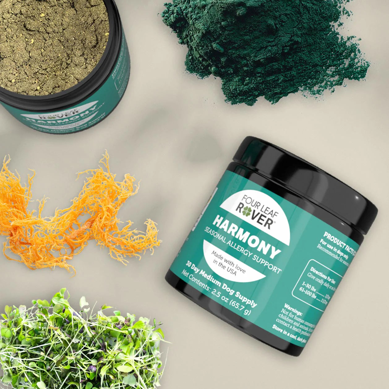 Four Leaf River Harmony supplement container with natural ingredients on a light background