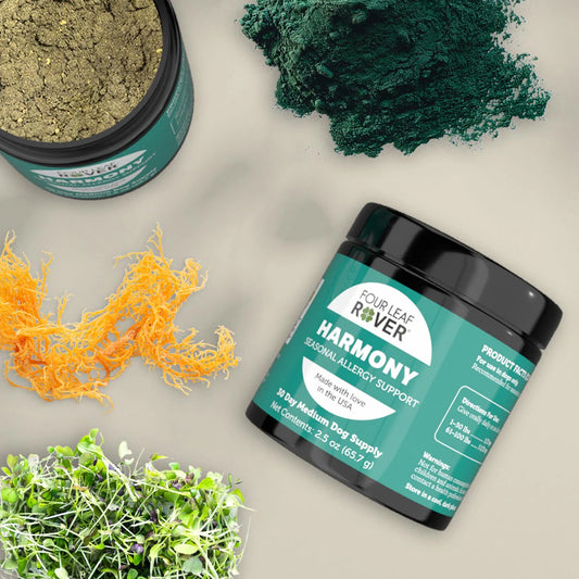 Four Leaf River Harmony supplement container with natural ingredients on a light background